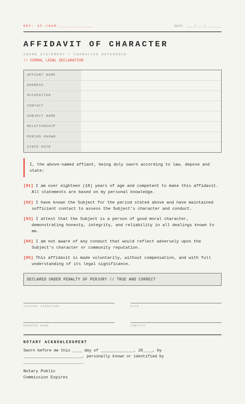 Industrial Raw Affidavit of Character